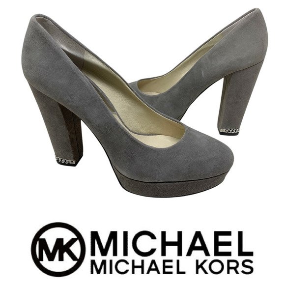 New Michael Kors Sabrina Steel Gray Suede Platform Pumps Sz 8.5 Chain Detail NWT - Picture 1 of 14